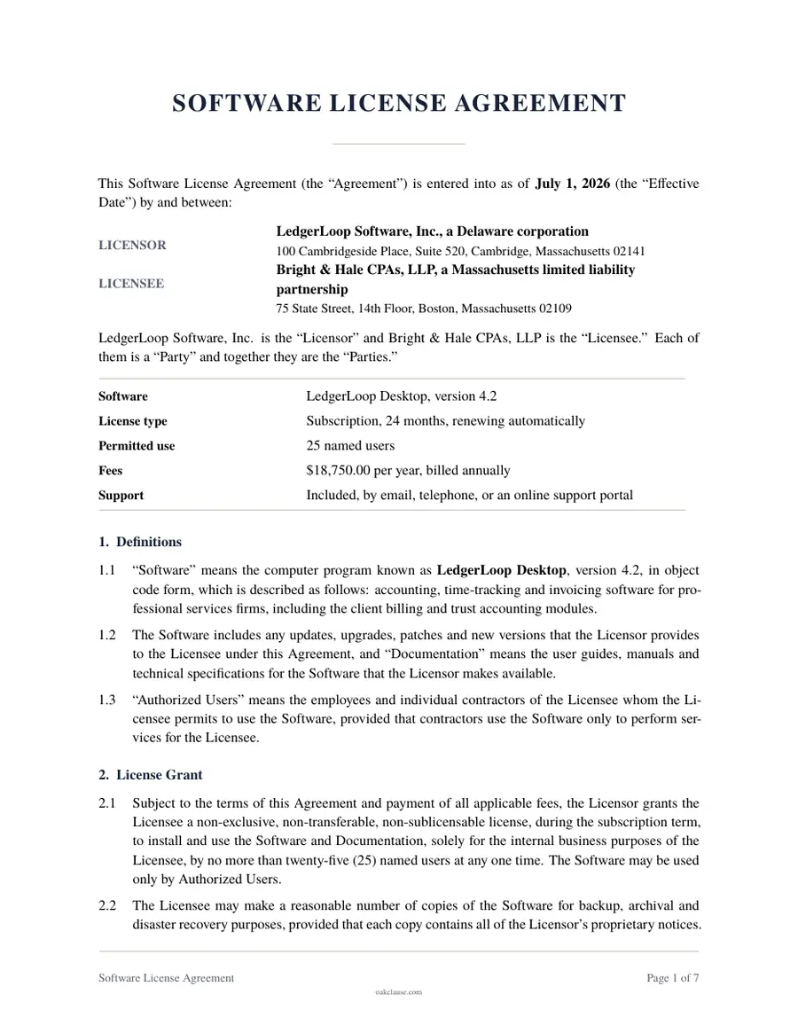 First page of a sample Software License Agreement