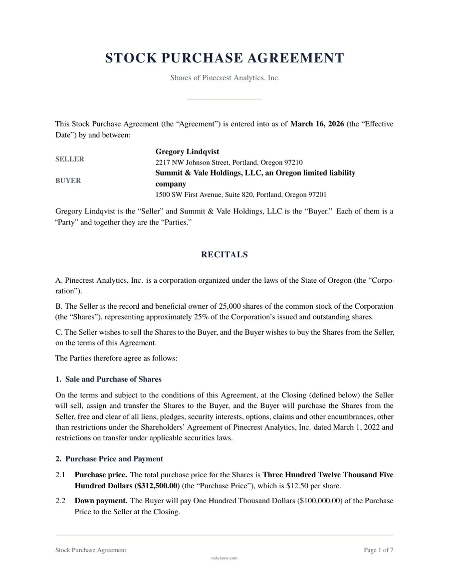 First page of a sample Stock Purchase Agreement