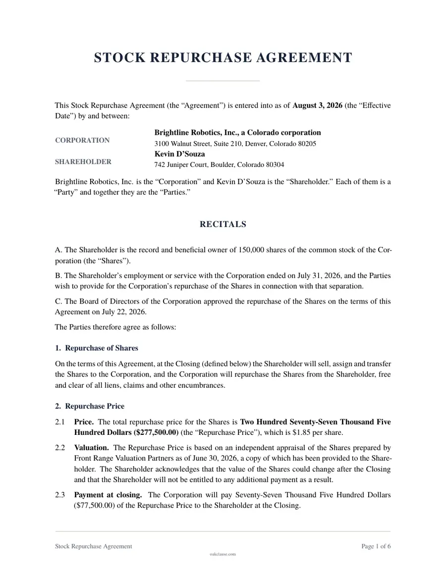 First page of a sample Stock Repurchase Agreement