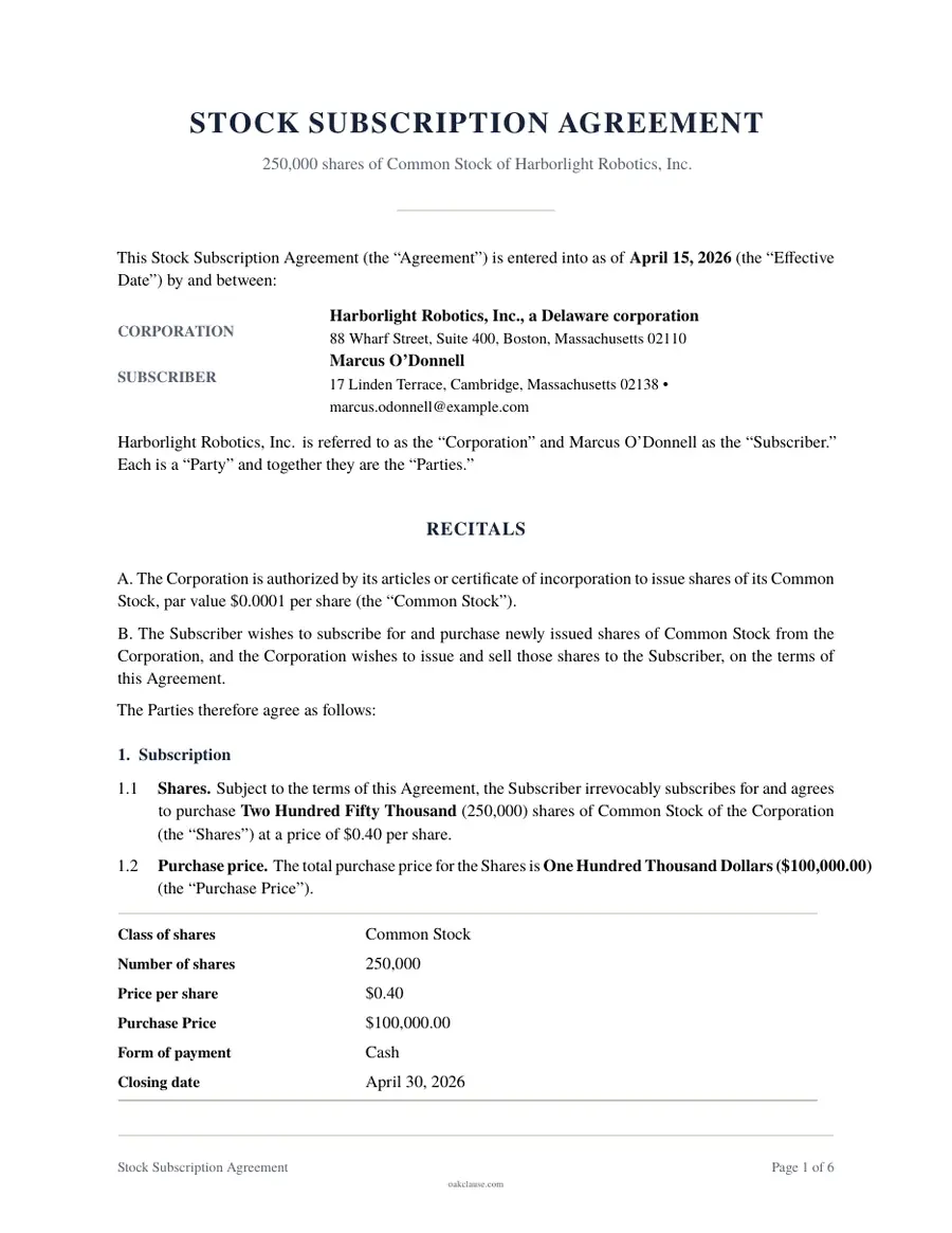 First page of a sample Stock Subscription Agreement