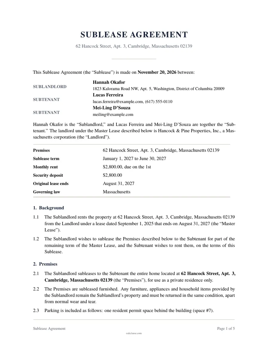 First page of a sample Sublease Agreement
