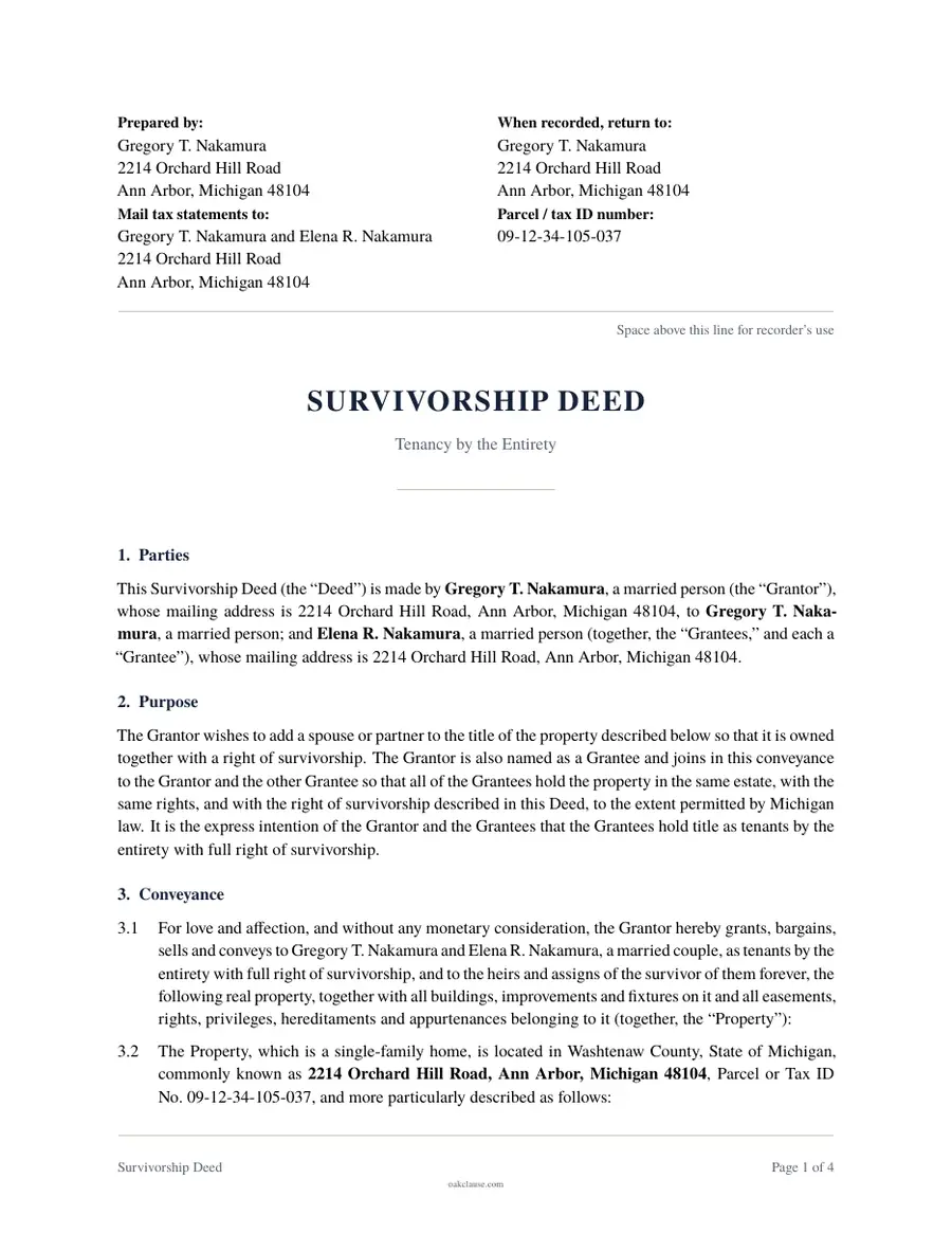 First page of a sample Survivorship Deed