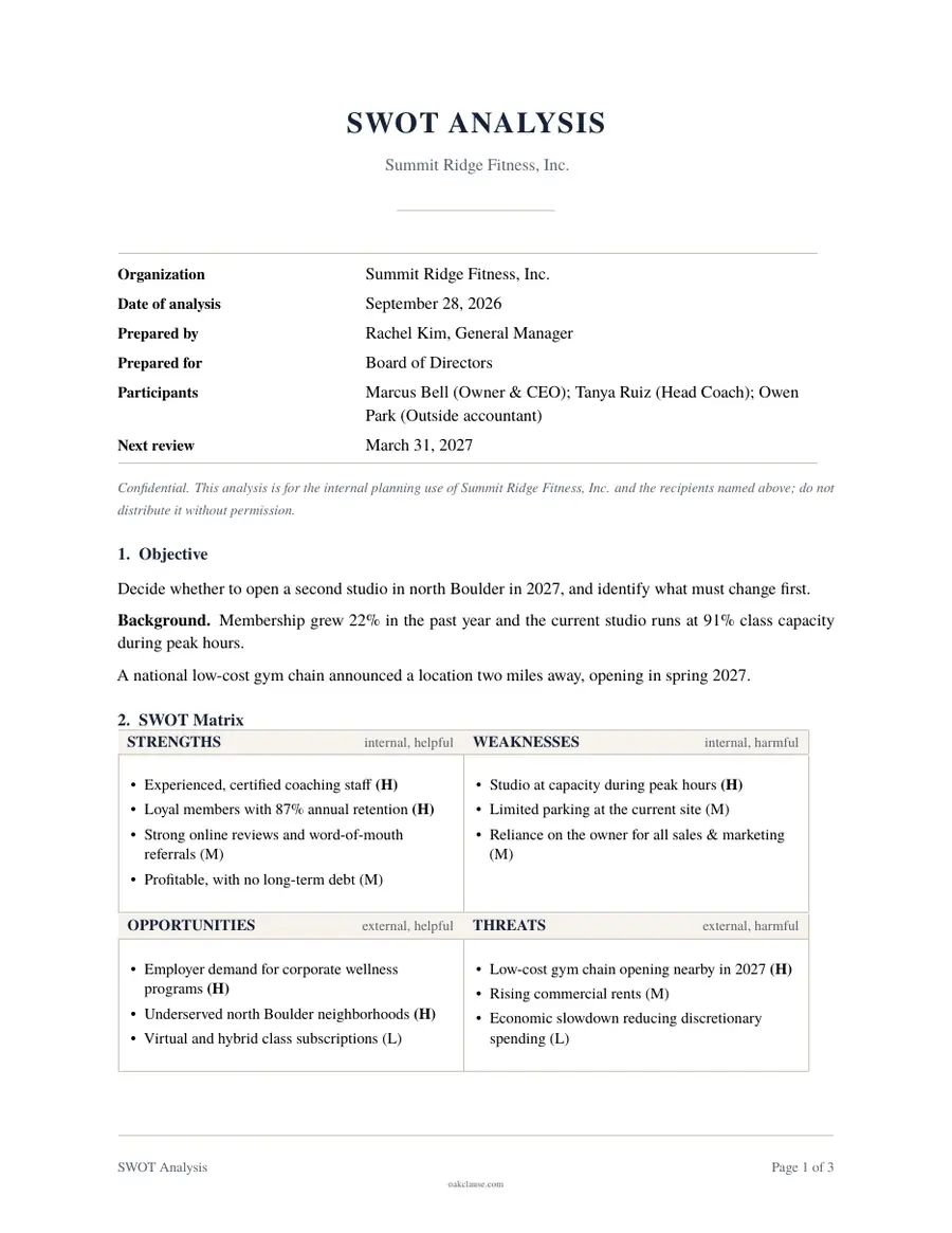 First page of a sample SWOT Analysis
