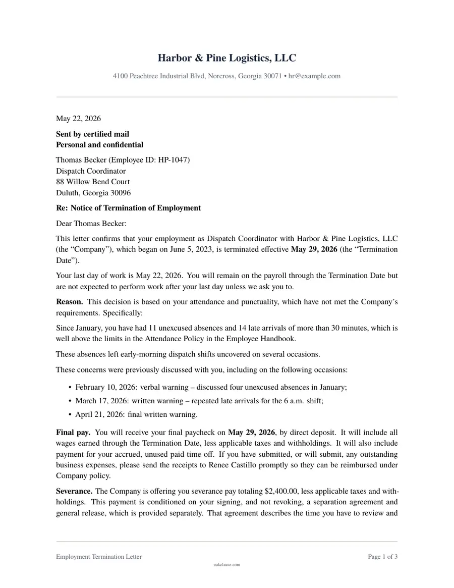 First page of a sample Employment Termination Letter