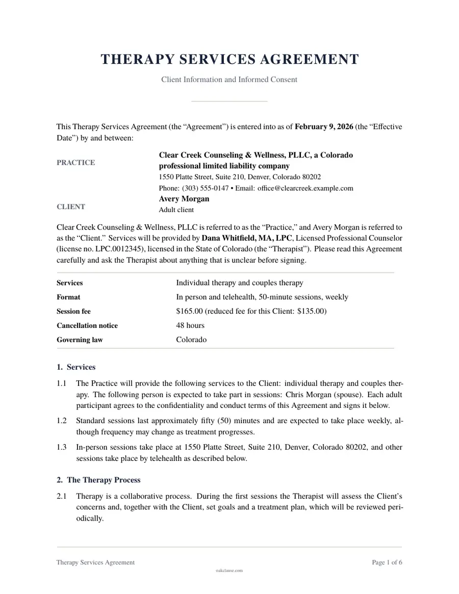 First page of a sample Therapy Services Agreement