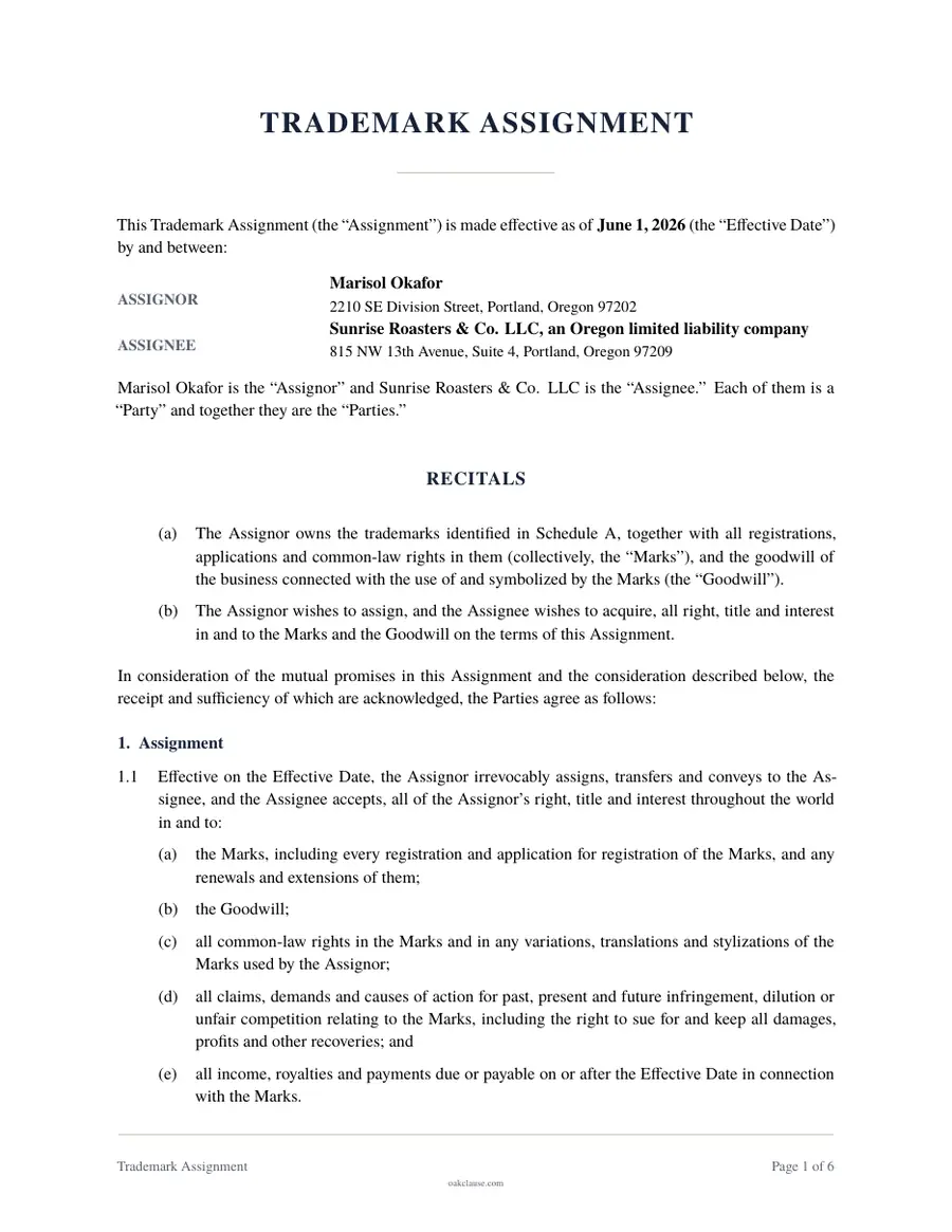 First page of a sample Trademark Assignment