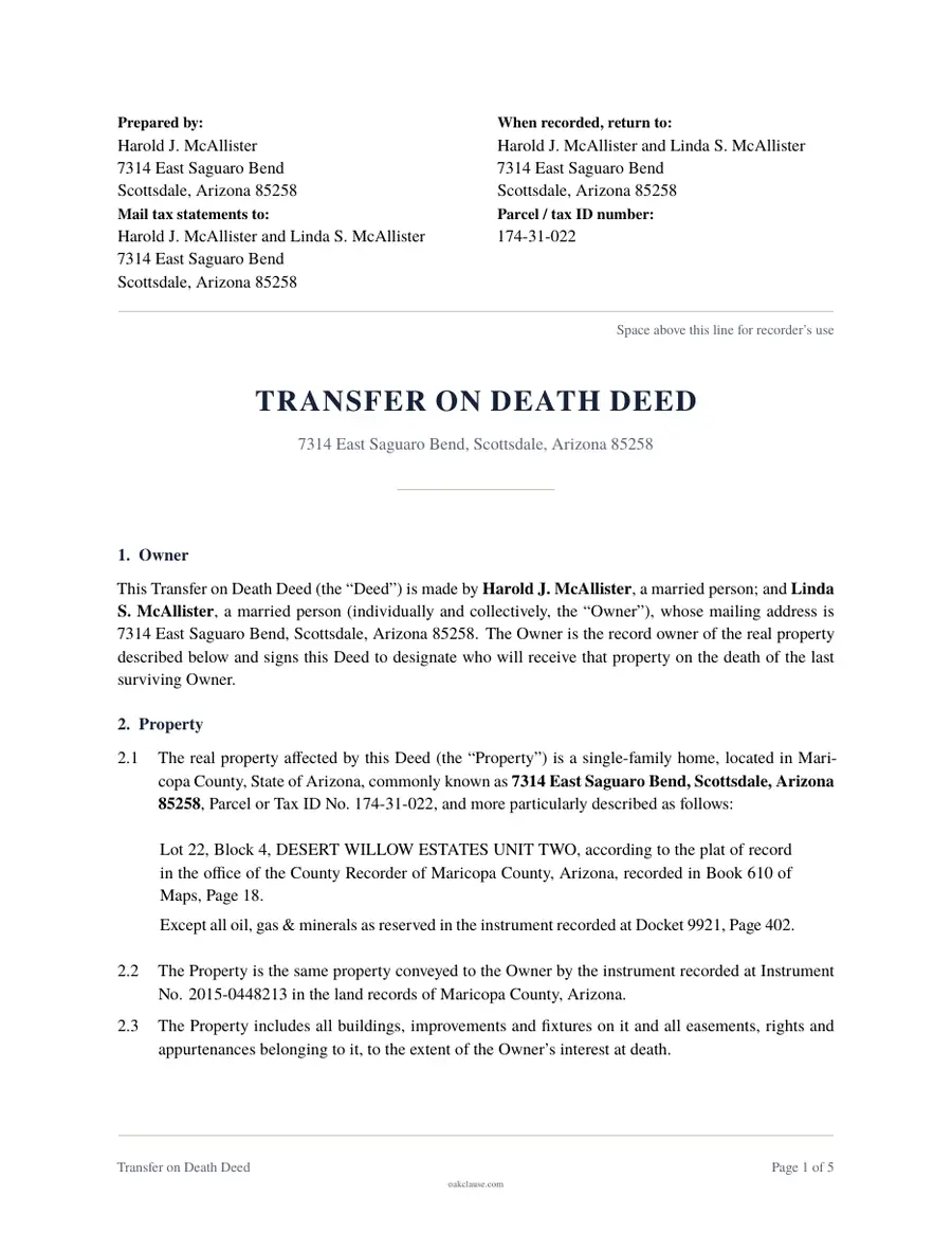 First page of a sample Transfer on Death Deed
