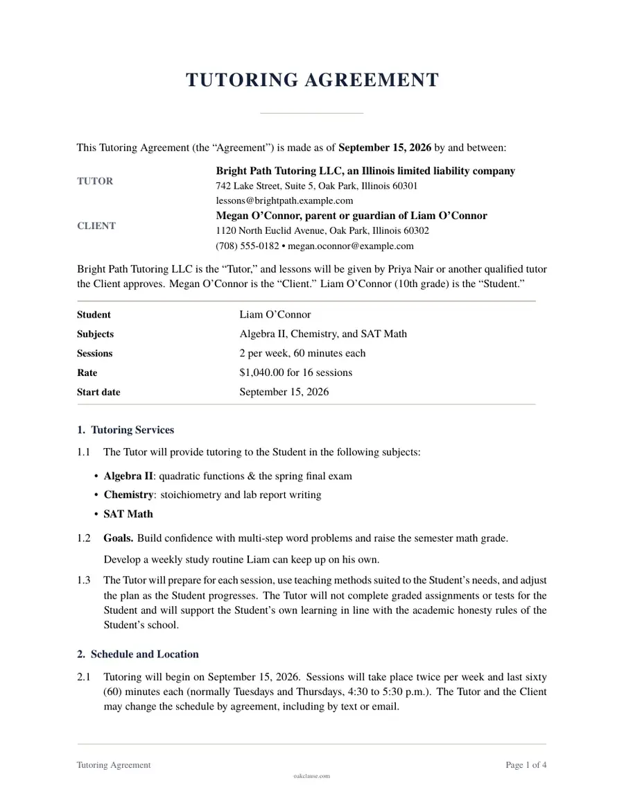 First page of a sample Tutoring Agreement