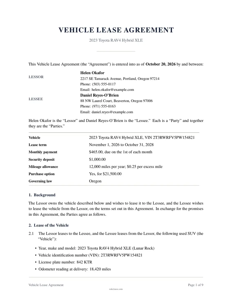 First page of a sample Vehicle Lease Agreement