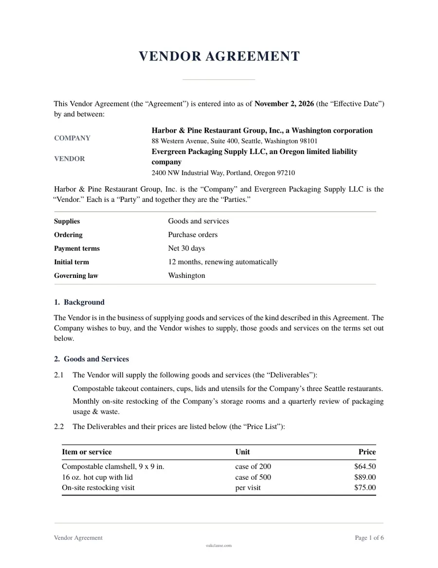 First page of a sample Vendor Agreement
