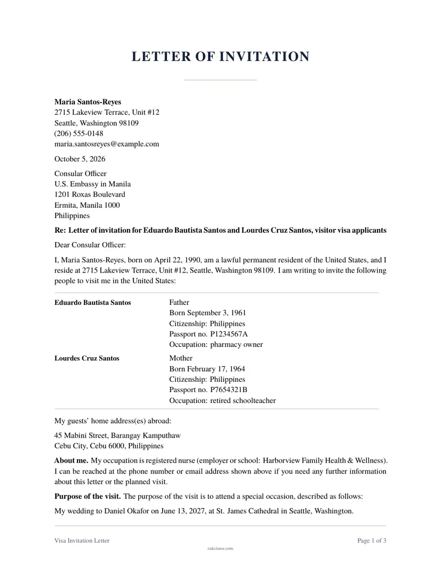 First page of a sample Visa Invitation Letter