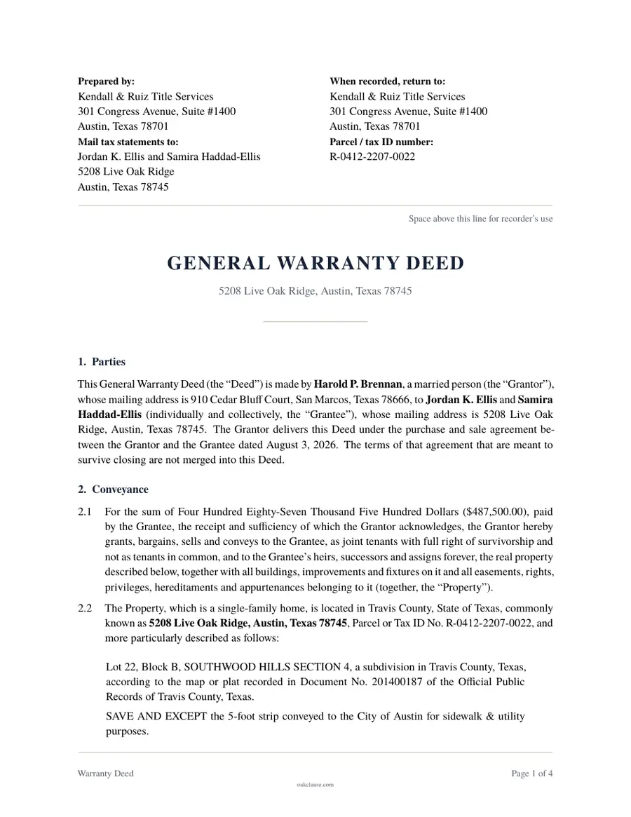 First page of a sample Warranty Deed