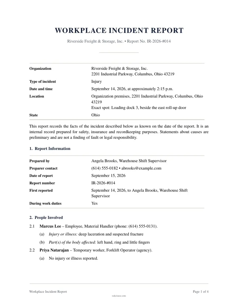 First page of a sample Workplace Incident Report